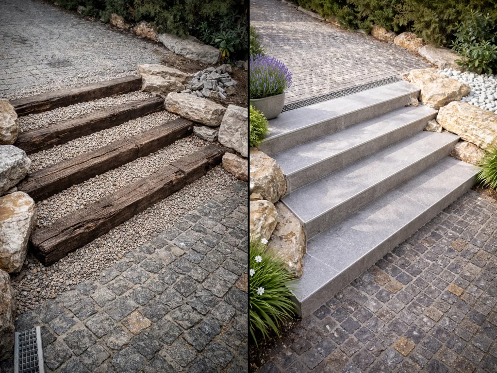 Travaux de maçonnerie pour escalier extérieur au Creusot, avant et après travaux