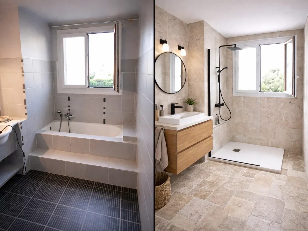 Rénovation de salle de bain avec remplacement baignoire par douche au Creusot, avant et après travaux