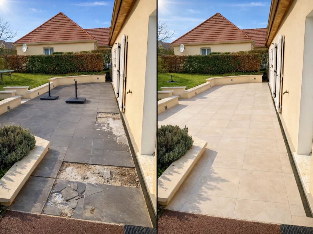 rénovation d'une terrasse avec pose de carrelage extérieur au Creusot, avant et après travaux