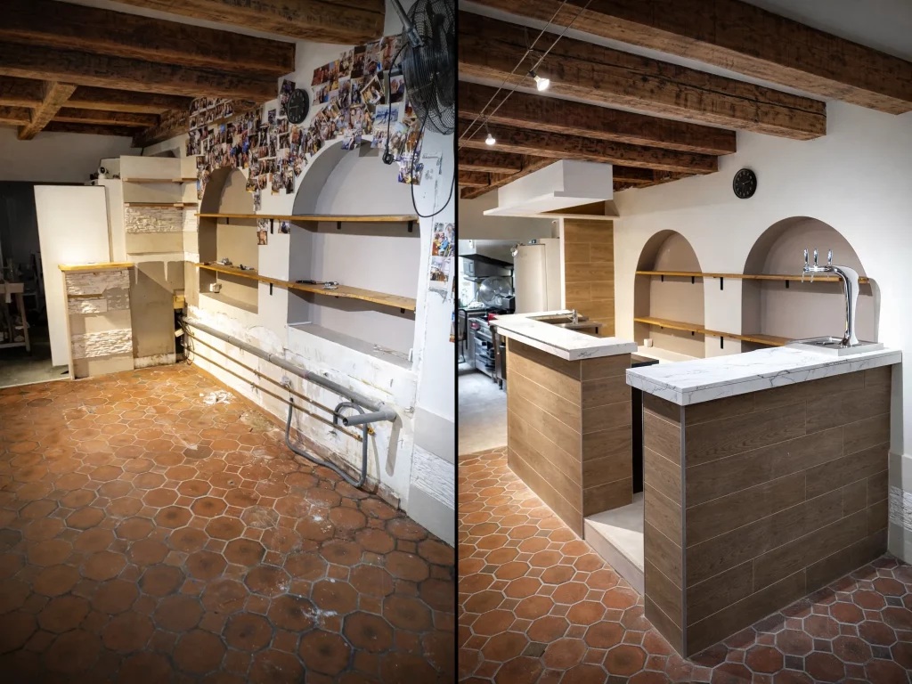 rénovation d'un local professionnel au Creusot, construction d'un bar clé en main, finitions soignées, espaces optimisé, avant après travail de l'artisan