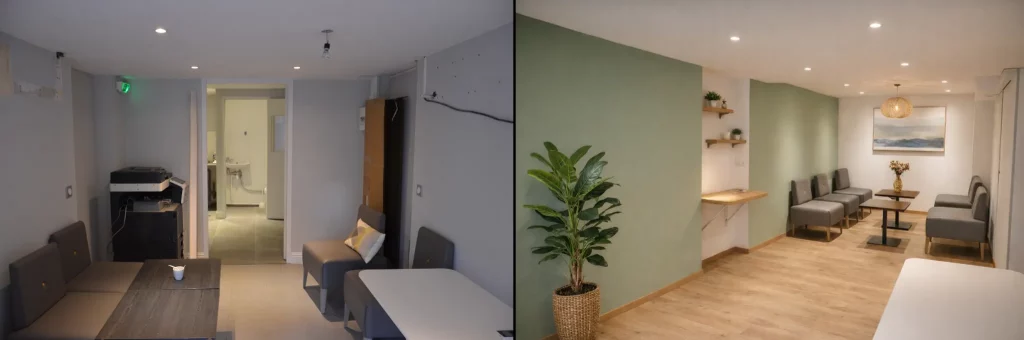 Rénovation d'un local professionnel au Creusot, finitions soignées, espace chaleureux et zen, travaux clé en main, avant et après travail de l'artisan