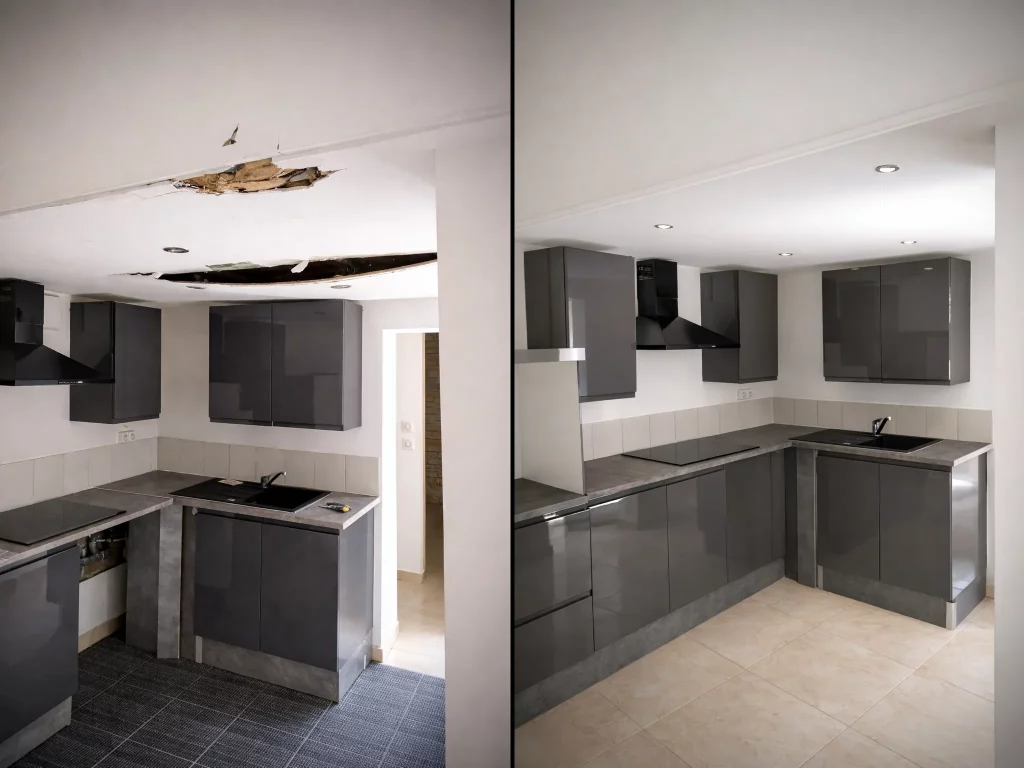 Rénovation intérieure avec création de cuisine et réalisation d'un faux plafond en plaque de plâtre au Creusot, avant et après travaux