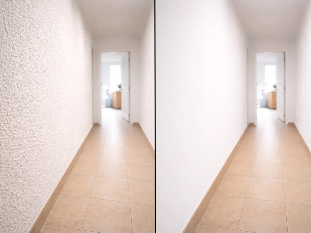 Travaux de plâtrerie au Creusot, avant et après travaux, lissage d'un mur intérieur et reprise d'enduit