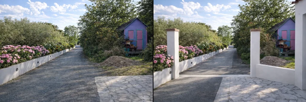 Réalisation d'un mur de clôture avec deux pilier pour accueillir un portail à Le Creusot. Avant et après travaux