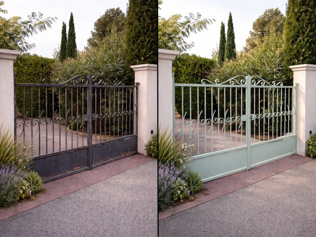 travaux de peinture au Creusot, rénovation d'un portail, avant et après travail du peintre