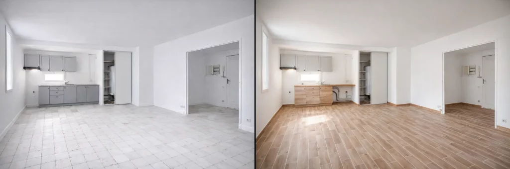 travaux de revêtement de sol au Creusot, pose de carrelage sur ancien sol en intérieur, avant et après travaux du carreleur