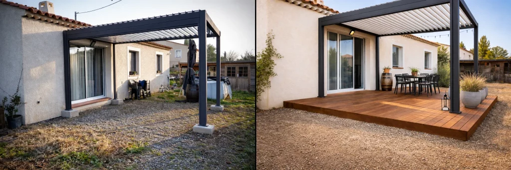 Réalisation d'une terrasse en bois exotique posée sur plots et lambourdes au Creusot. Avant et après travaux