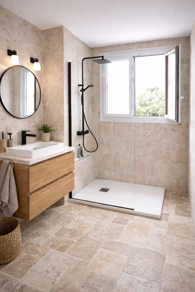 Salle de bain rénovée au Creusot avec douche à l’italienne et finitions soignées