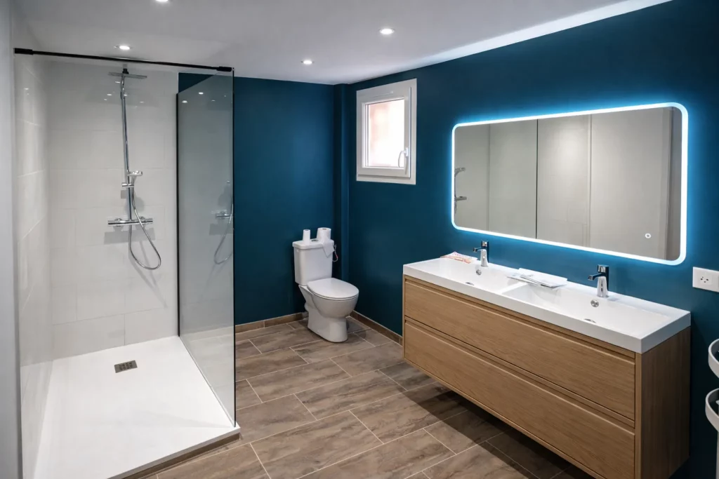 Salle de bain moderne rénovée au Creusot avec douche à l’italienne et double vasque