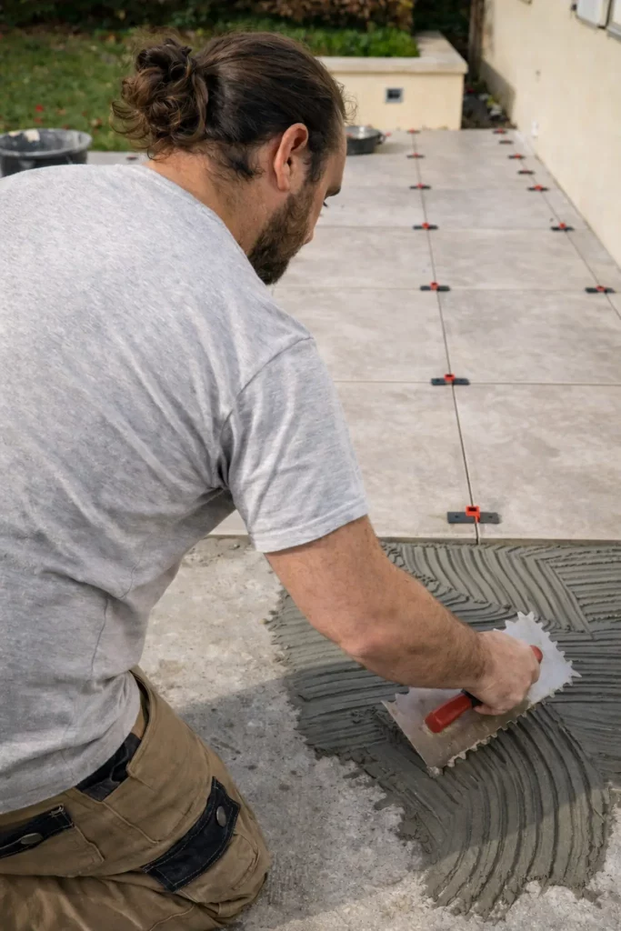 Artisan carreleur en train de poser un carrelage grand format sur une terrasse extérieure, application de la colle à carrelage au peigne cranté avec système de cales autonivelantes pour une pose précise et plane.